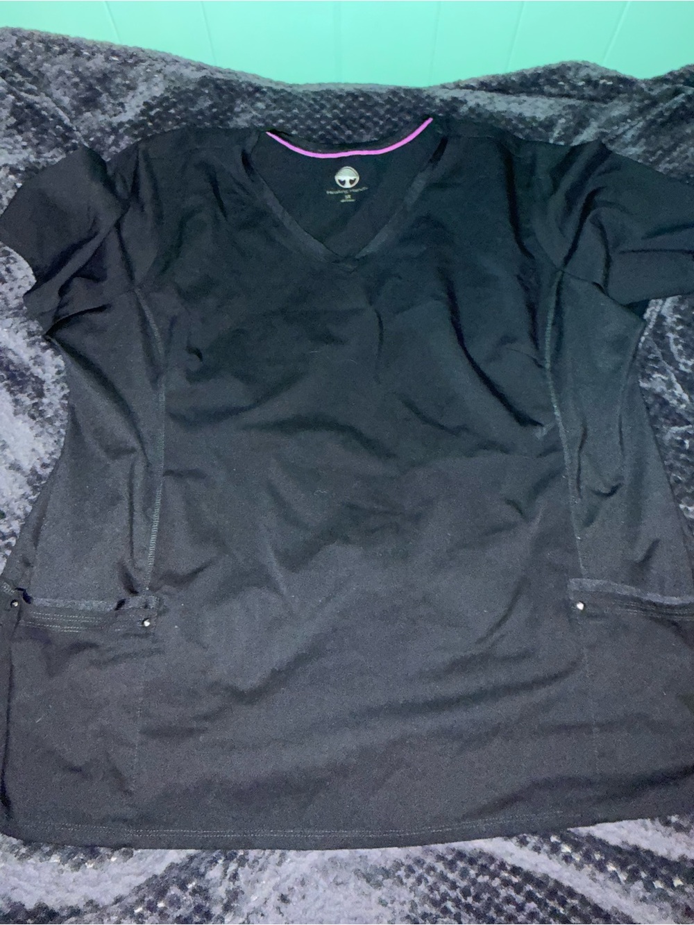 healing hands Black V-Neck Scrub Top with Purple Trim